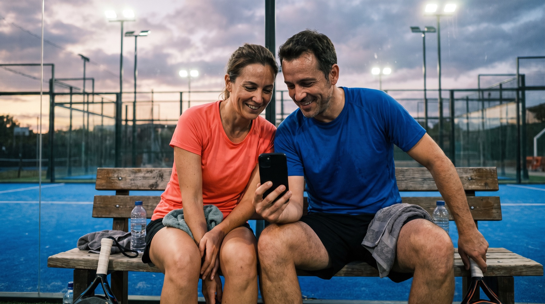 Deux partenaires assis sur un banc au bord du court regardent ensemble leur match sur un iPhone.