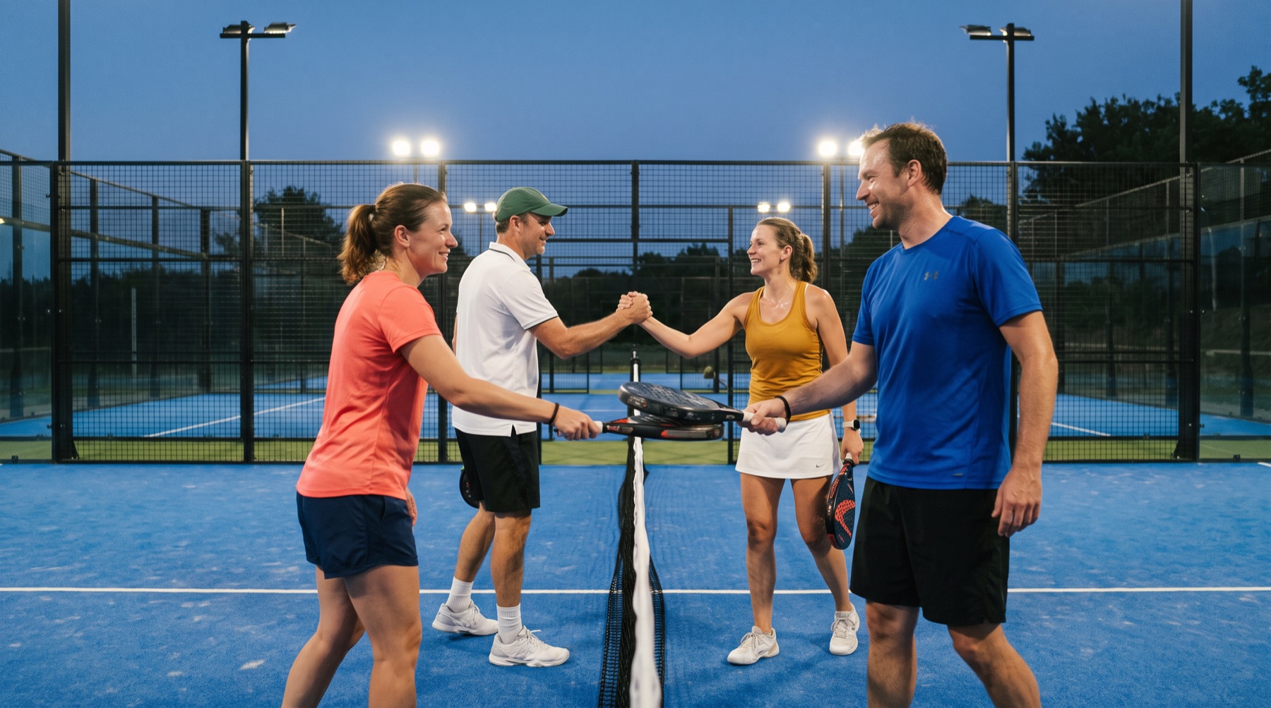 Quatre amis se félicitent au filet à la fin d'un match de padel en soirée, deux de chaque côté.